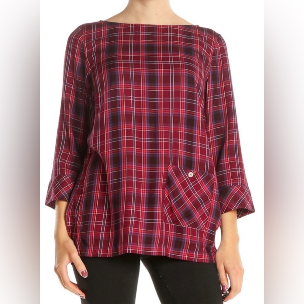J. Jill Red Purple Plaid 3/4 Sleeve One Pocket Tunic Top 100% Rayon Size L
